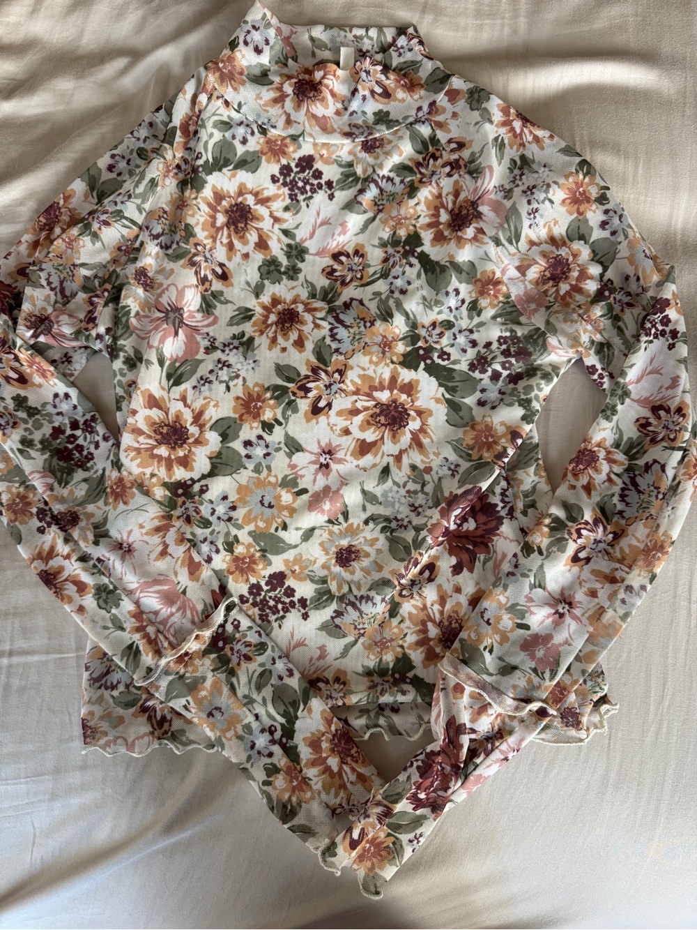 Promesa Floral Mock Neck Long Sleeve Top in Cream, Green and Pink